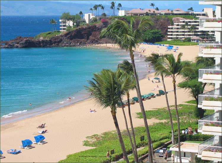 Private lanai overlooking the sand and sea, the Whaler on Kaanapali Beach, Maui.