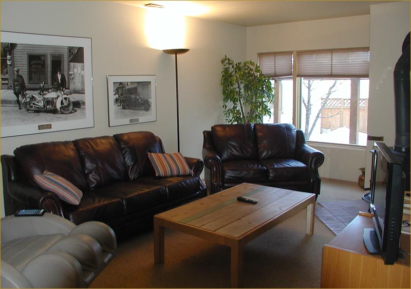 Family rec room with a toasty wood burning stove and large flat screen TV entertainment center.
