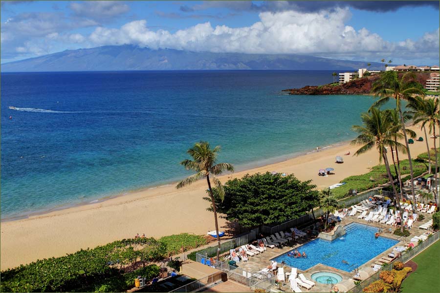 Private lanai overlooking the sand and sea, the Whaler on Kaanapali Beach, Maui.