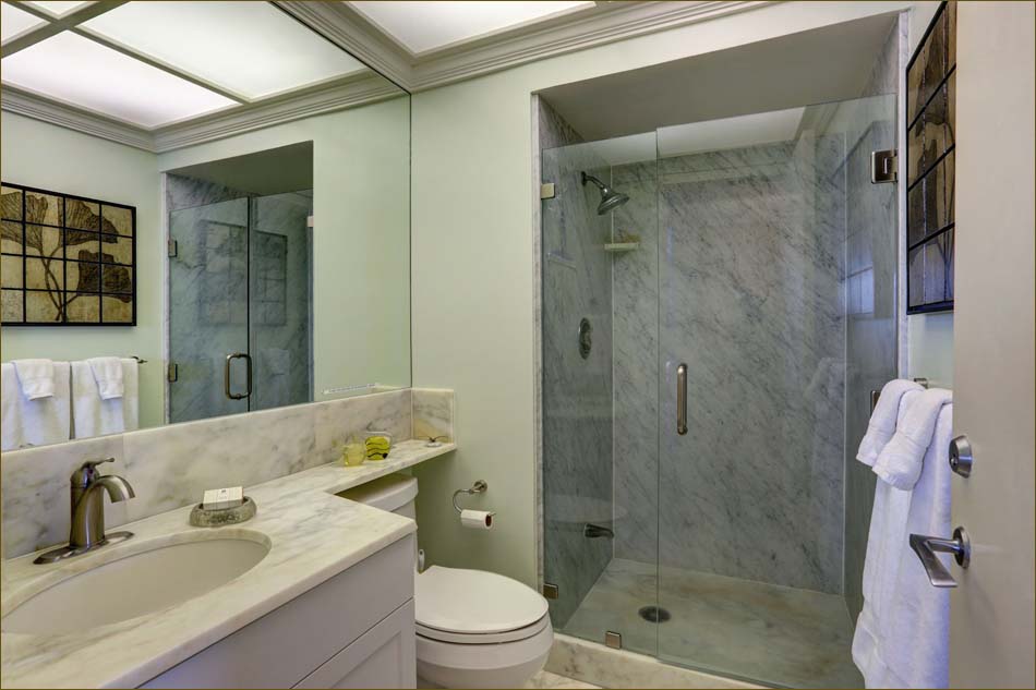 This large newly remodeled master bathroom is attached to the king suite.