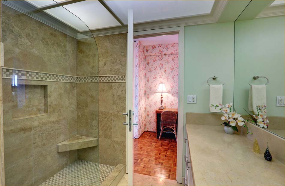 Master bathroom with walk in shower and vanity.